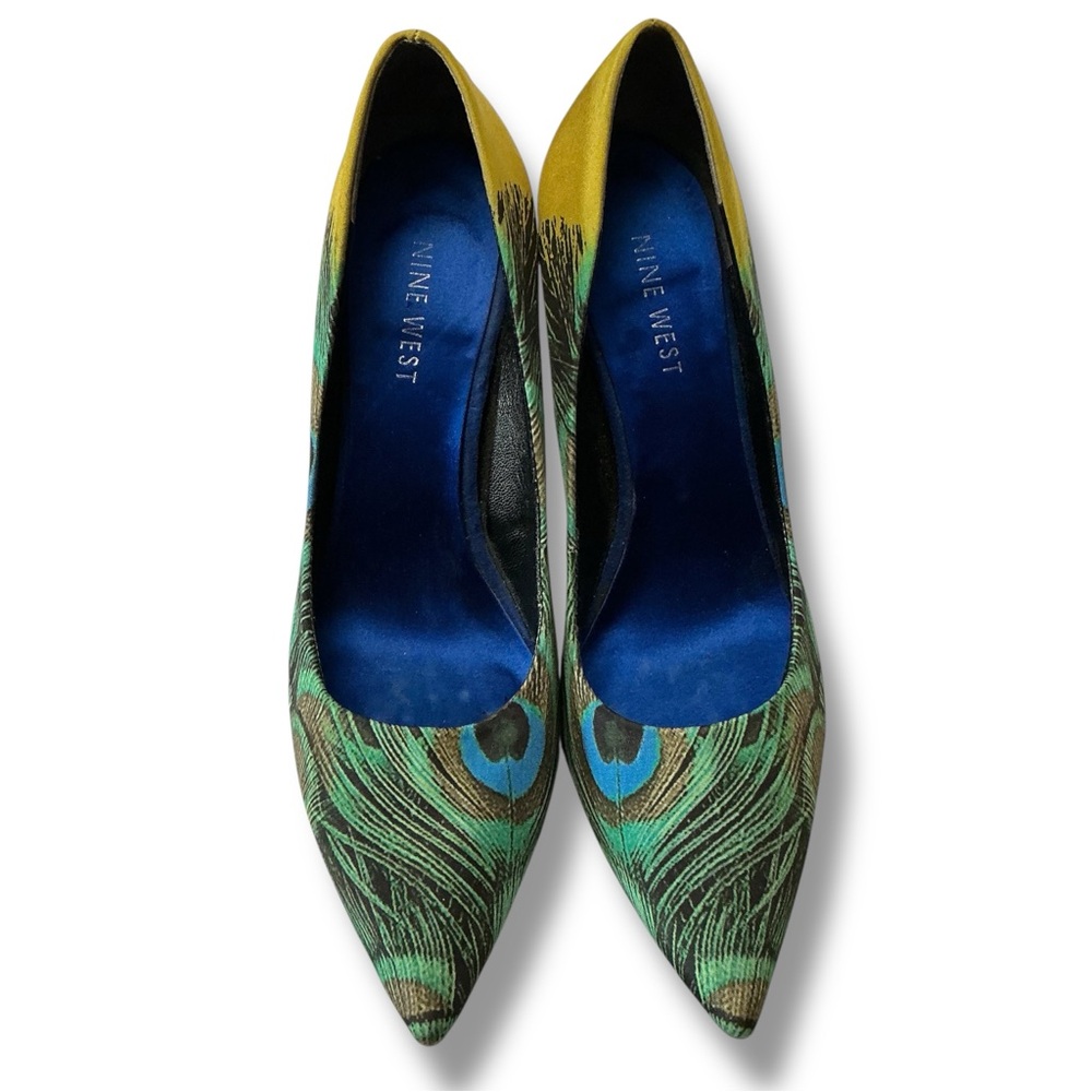Nine West Green and Yellow Peacock Feather Design Heels - Picture 3 of 12